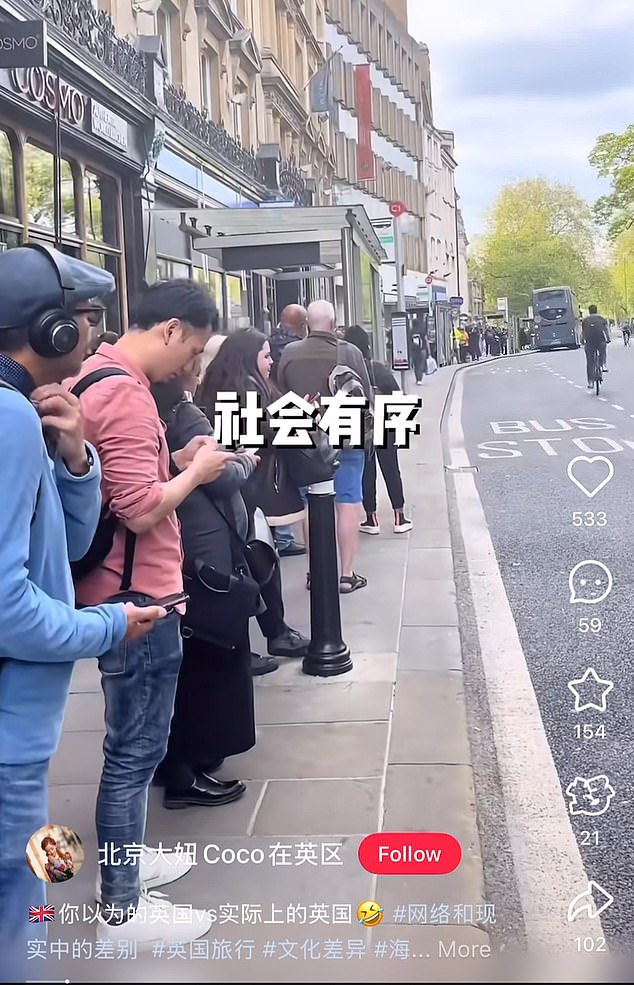 Playing by the rules: Beijing Coco¿s video shows people queuing for a bus in an orderly fashion and states: 'Your impression of the UK is that it's a lawful and orderly country. That society is orderly and organised'