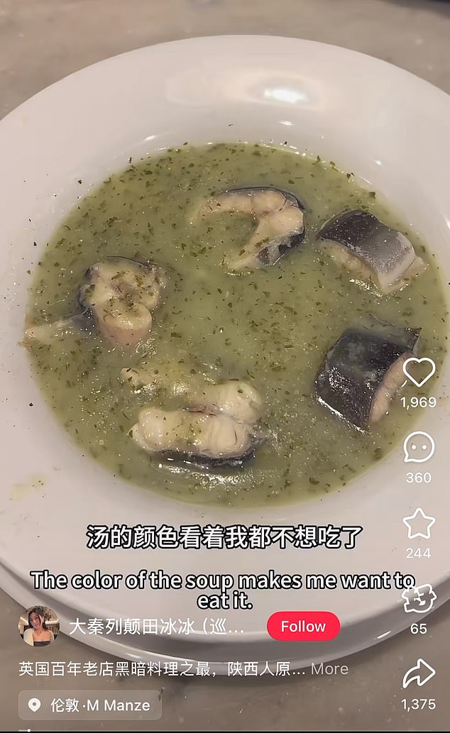 Tian Bi Bi did not find the eel soup served up at Manze's eel, pie and mash shop to her liking