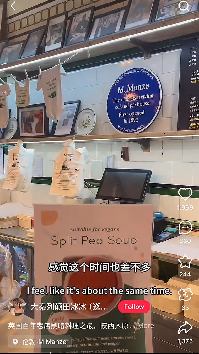 An interior shot of Manze¿s featured in Tian Bi Bi¿s video in which she criticises the taste of eel, pie and mash