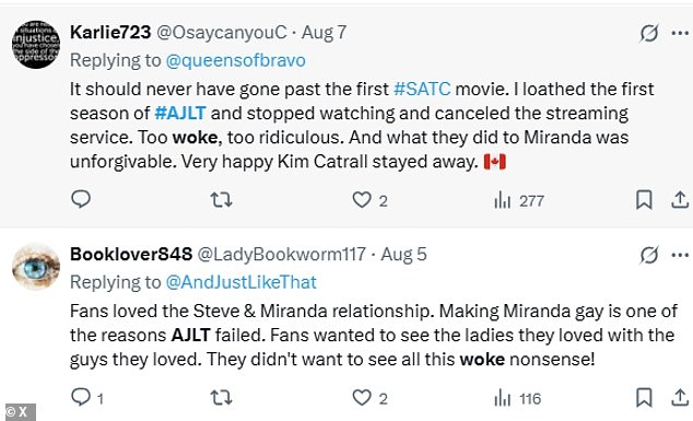 Hitting out at Miranda's sexual awakening, fans flooded Twitter, with users writing: 'Making Miranda gay is one of the reasons AJLT failed. Fans wanted to see the ladies they loved with the guys they loved. They didn't want to see all this woke nonsense!'