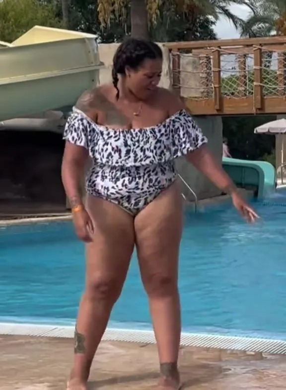 Woman in swimsuit by pool; text overlay: POV: Mounjaro saved your life.