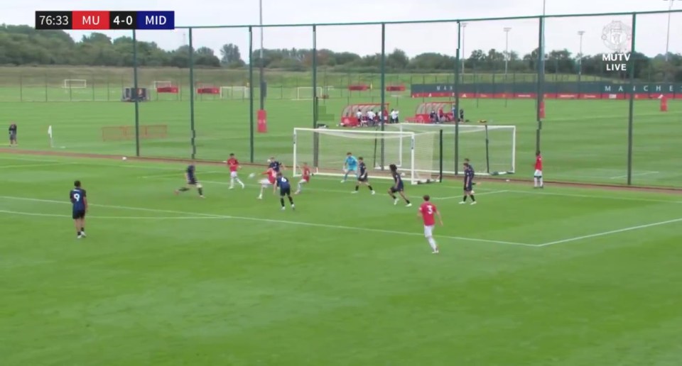 Kai Rooney scoring a goal for Man Utd U18s.