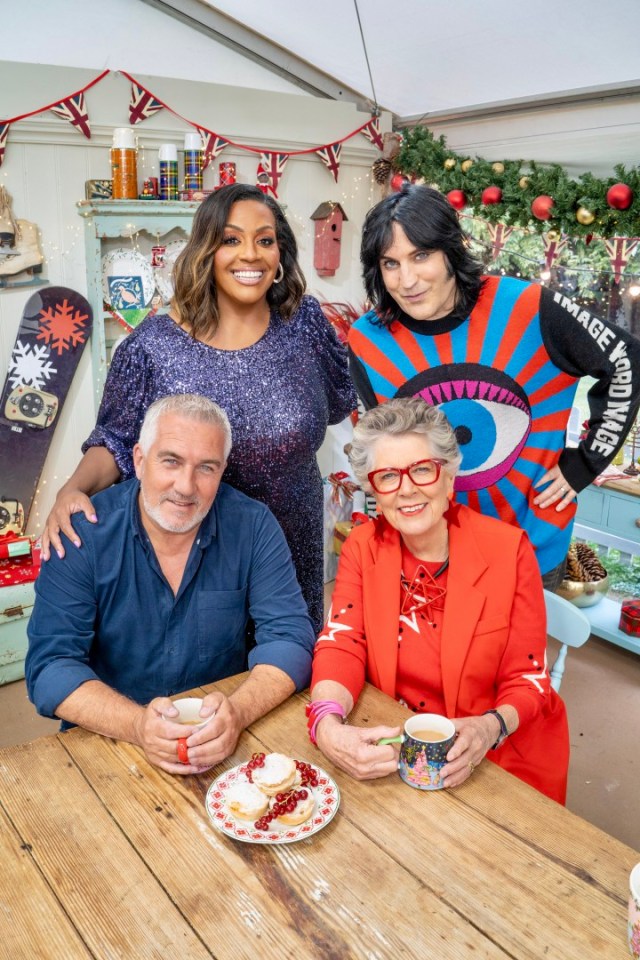 MANDATORY CREDIT: Channel 4/Love Productions/Mark Bourdillon Undated handout photo issued by Channel 4/Love Productions of hosts (back) Alison Hammond and Noel Fielding with judges (front) Paul Hollywood and Prue Leith on The Great Christmas Bake Off 2024. Issue date: Tuesday December 24, 2024. PA Photo. See PA story SHOWBIZ BakeOff. Photo credit should read: Channel 4/Love Productions/Mark Bourdillon NOTE TO EDITORS: This handout photo may only be used for editorial reporting purposes for the contemporaneous illustration of events, things or the people in the image or facts mentioned in the caption. Reuse of the picture may require further permission from the copyright holder.