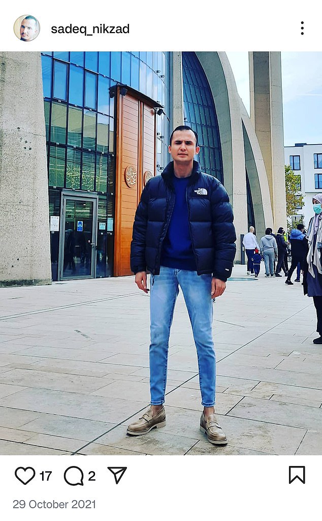 The migrant, pictured at Cologne mosque, shared his journey across Europe to the UK