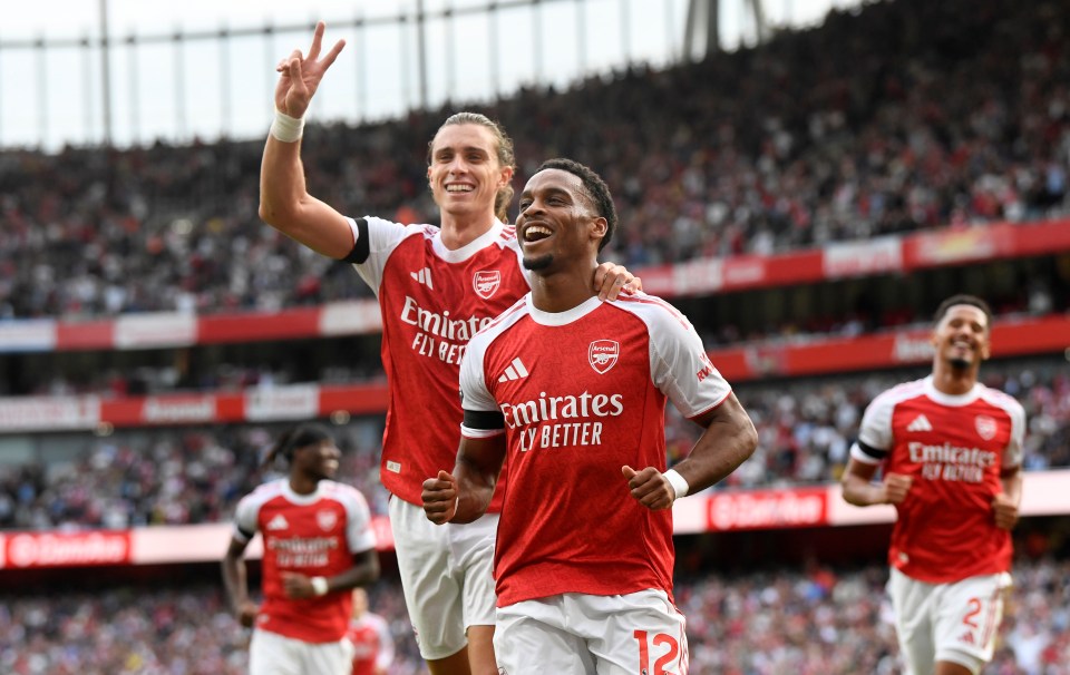 Arsenal players celebrating a goal.
