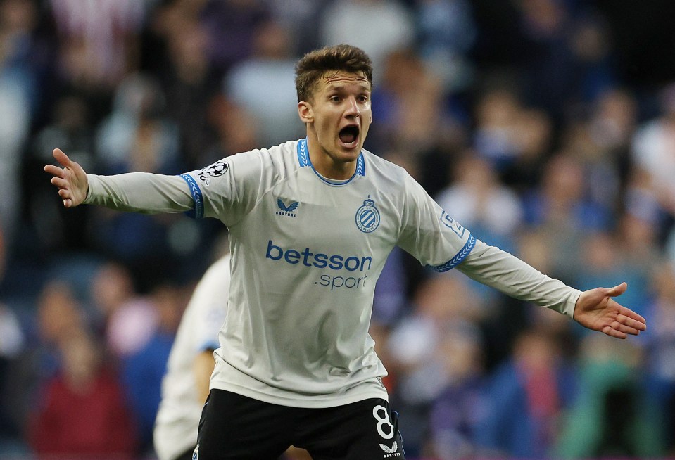 Christos Tzolis of Club Brugge reacting during a soccer match.