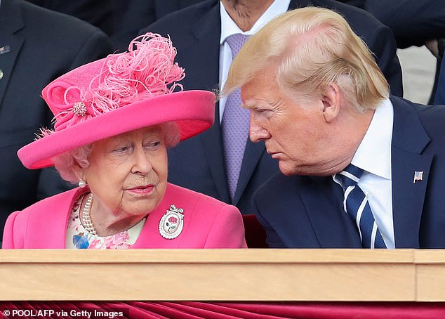 Queen Elizabeth II sitting with Donald Trump at an event to commemorate the 75th anniversary of the D-Day landings in June 2024