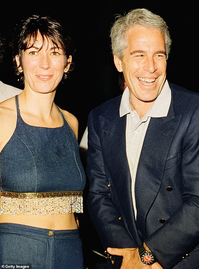 Pictured: Ghislaine Maxwell and Jeffrey Epstein posing during a party at the Mar-a-Lago club in Florida