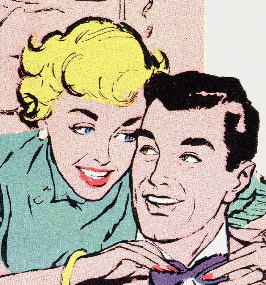 Illustration of a woman straightening a man's tie.