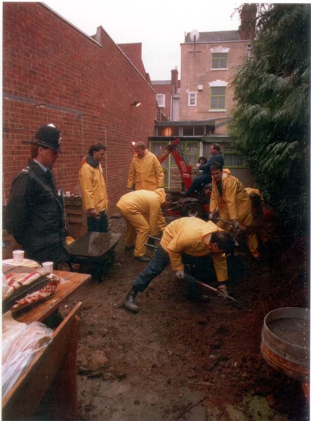 Police dig up the garden of 25 Cromwell Street, Gloucester, looking for the body of missing teenager Heather West in 1987