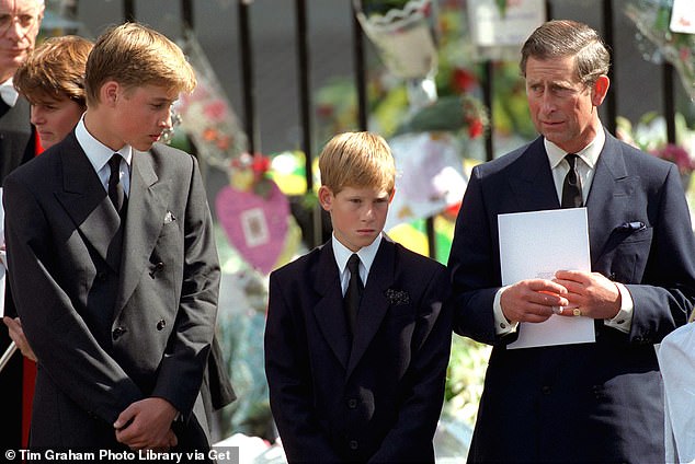 Pictured: Prince William and Prince Harry with Prince Charles at Westminster Abbey for the funeral of Diana in 1997