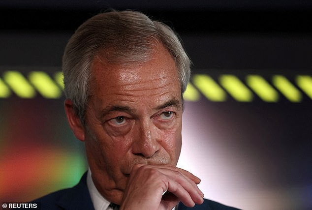 Britain's Reform UK Party leader Nigel Farage reacts at a news conference in London on August 4