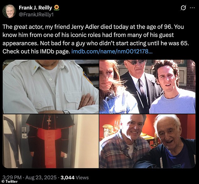 Adler's death was announced on Saturday by his family and confirmed in a post on X by his friend Frank J. Reilly (pictured)
