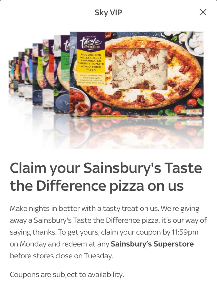 Image of Sainsbury's Taste the Difference pizza and coupon offer.