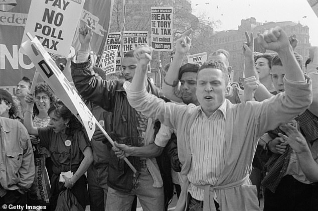 Pictured: Protestors at a demonstration against the Poll Tax. The Reform UK leader warned of 'much, much deeper' unrest than the 1990 poll tax riots if his radical blueprint to combat illegal immigration was not implemented