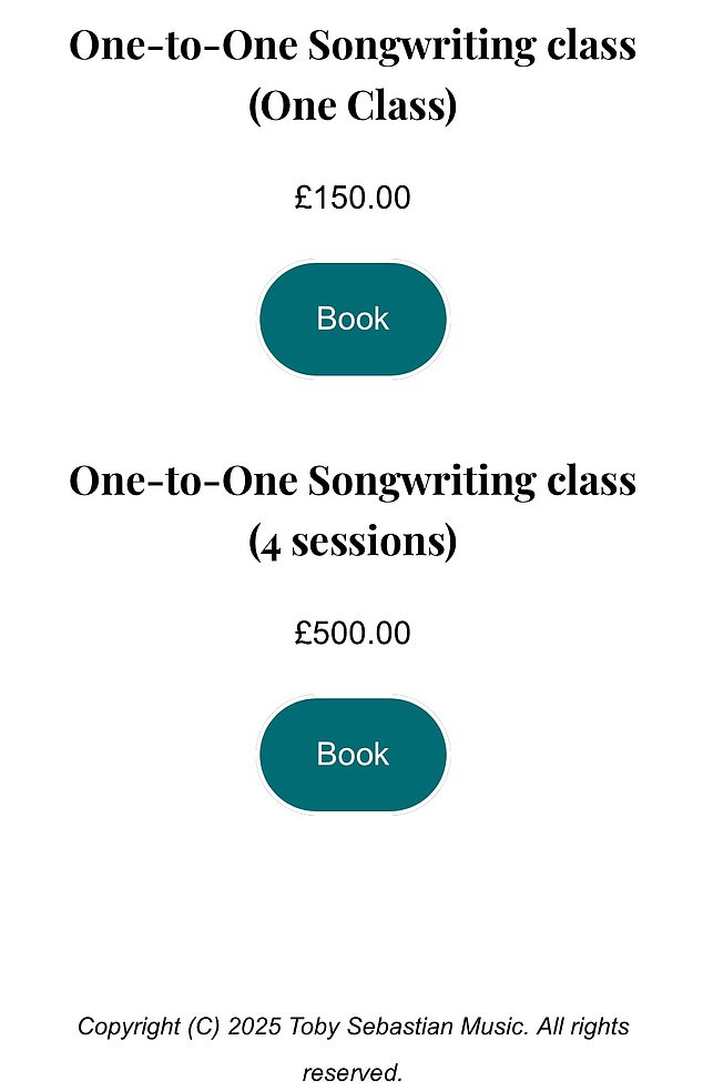 Aspiring musicians can 'dive deep into the art of songwriting' in a 90-minute session with Toby for £150 - or pay a reduced rate of £500 for four sessions