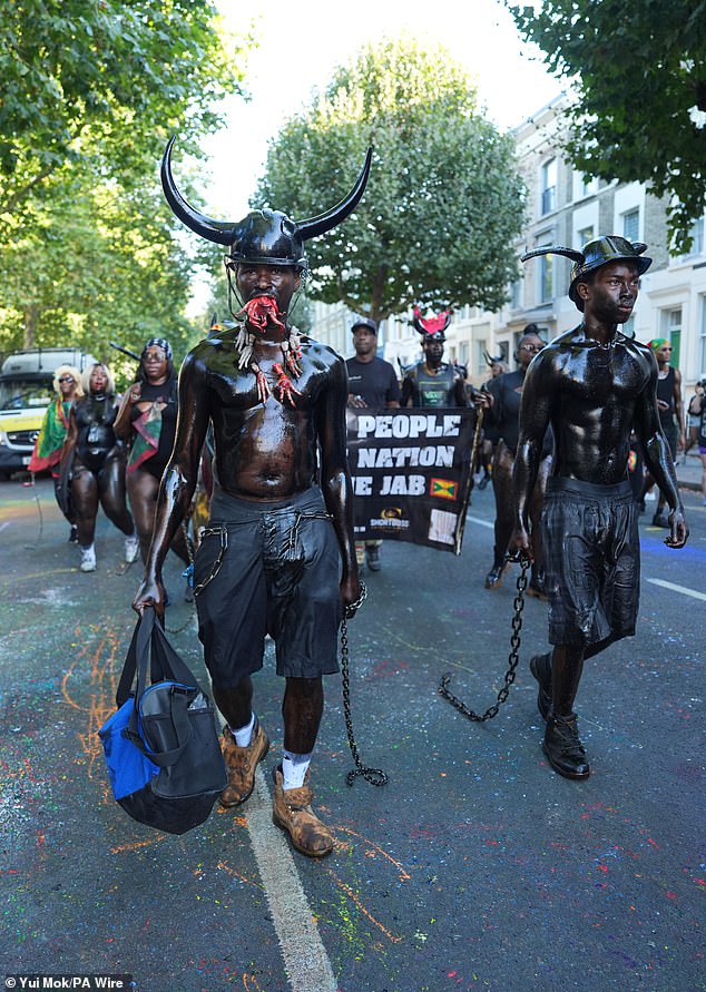 Many honoured a tradition from Grenada in the West Indies called Jab-Jab, where they cover their bodies in black oil, tar, mud or paint, wear horns and drag chains. It is a traditional and satirical celebration to recognise the detrimental impact of UK colonialism and the slave trade upon Caribbean nations