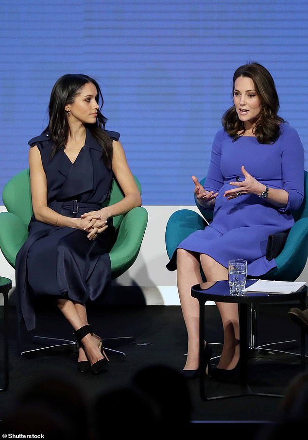 Judi James said: 'As Kate speaks here, Meghan turns her head to offer some active listening signals: face-watching, micro-nodding and performing a gentle curling mouth smile to suggest encouragement'