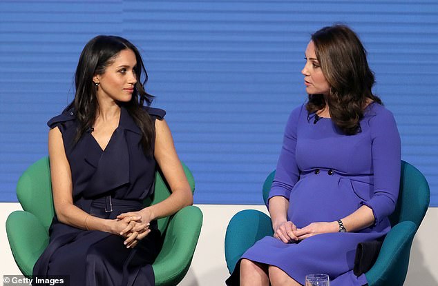 'When Kate talks about them all coming together, Meghan looks down in a gesture that suggests a pensive moment,' wrote the body language expert