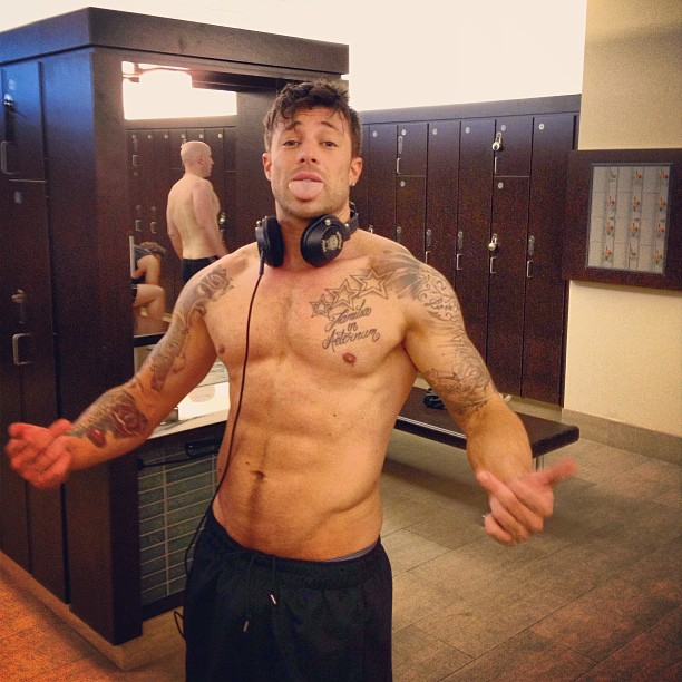 Duncan James of Blue in a gym locker room.