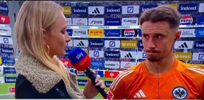 Sky Sports reporter interviewing a soccer player after a 4-1 loss.