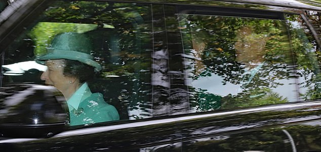 The Princess Royal was also driven to the church service at Cathie Kirk, and was seen smiling in the car on the way there