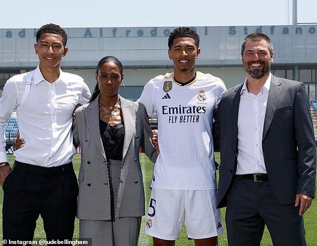 Jobe is the younger brother of Jude Bellingham, pictured (second right) with his family after signing for Real Madrid from Dortmund in June 2023