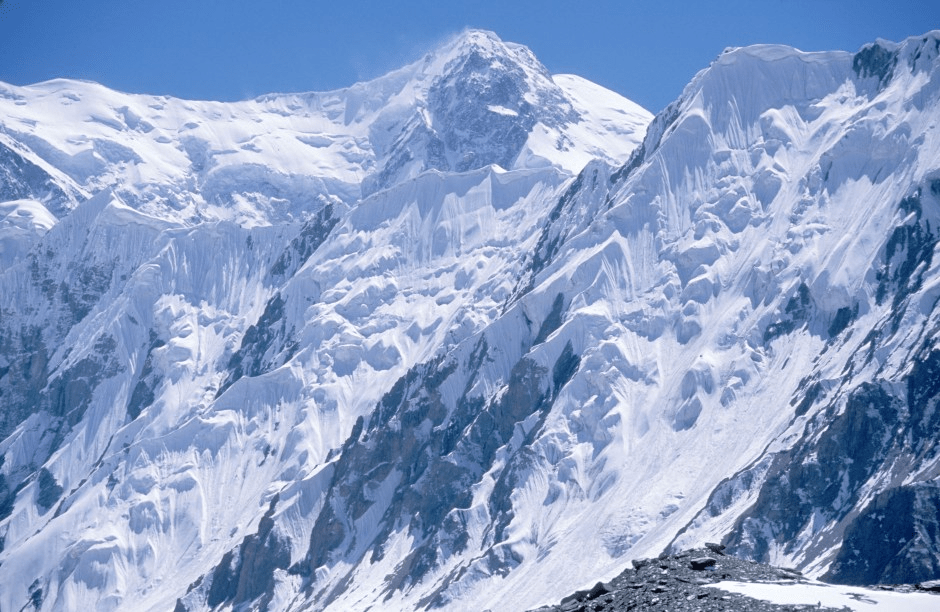 Snow-covered mountain range.