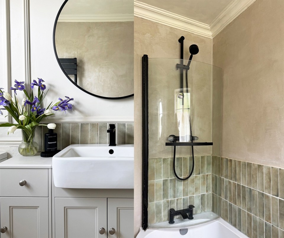 Collage of a remodeled bathroom.
