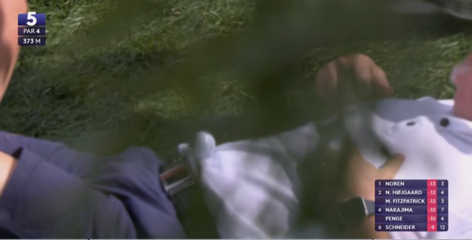 Golf ball landing on a fan's stomach.