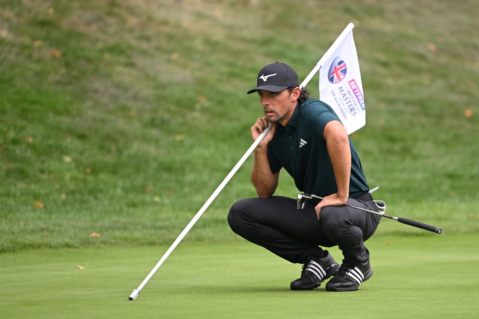 Marco Penge lines up a putt at the Betfred British Masters.