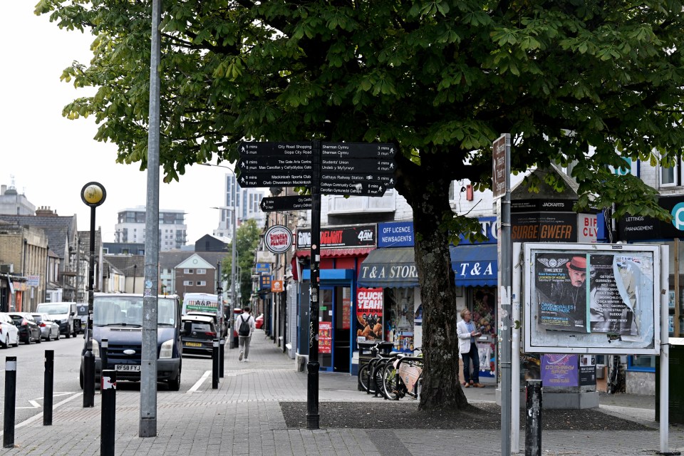 Street scene in Cathays, Cardiff, showing shops and a pedestrian.