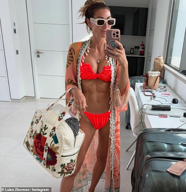 Doubling down on her remarks, the mother-of-three shared two more swimwear snaps on the weekend, posing first in a skimpy white bikini then in a scarlet two-piece
