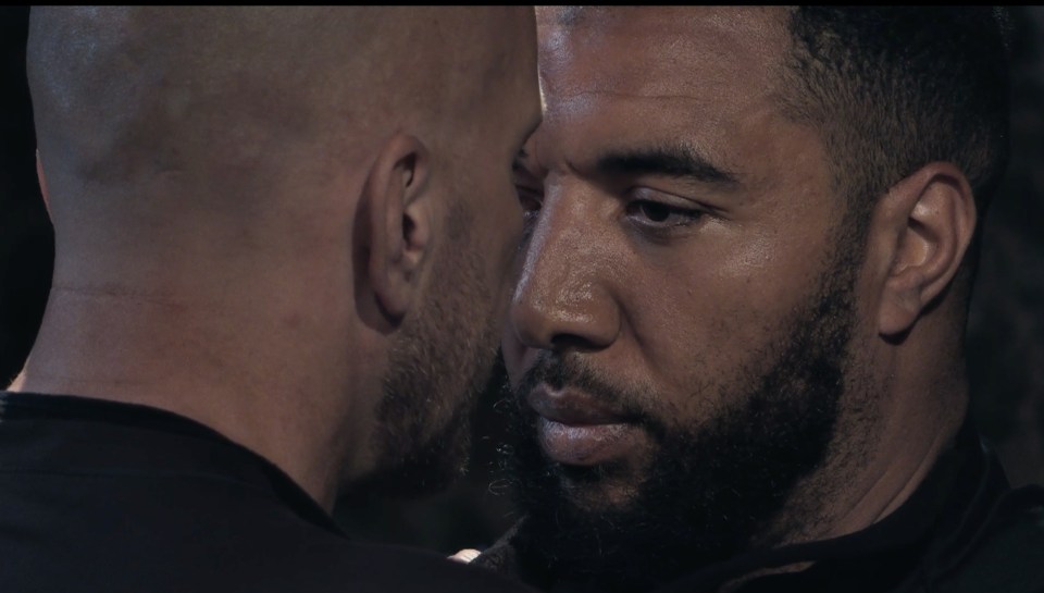 Close-up of Troy Deeney during an intense interrogation on Celebrity SAS: Who Dares Wins.