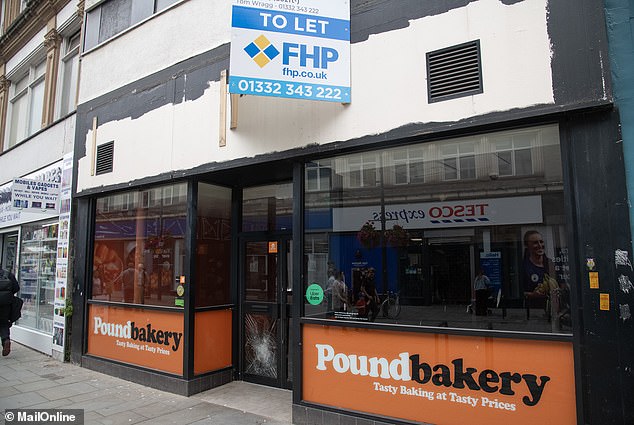Sandwich shop Pound bakery (above) has been closed down and its windows have been smashed up