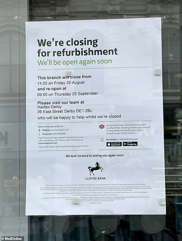 Lloyds Bank has announced that it is closing for a month form August 29 to September 25 for refurbishment - unrelated to the murder