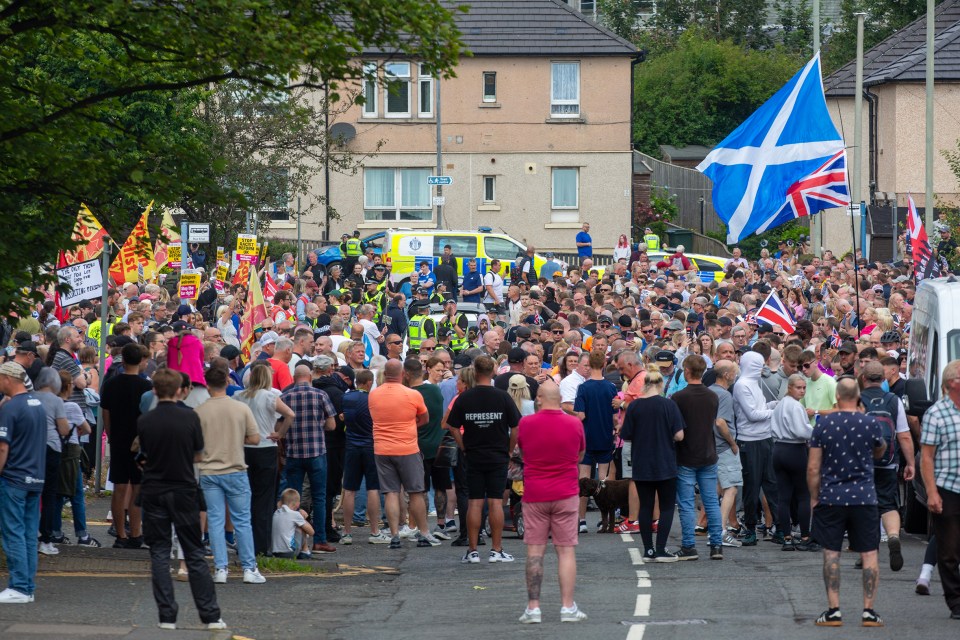 Protesters and counter protesters about asylum seekers being housed in the Cladhan Hotel, Falkirk.