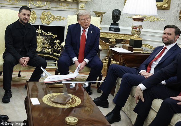Vice President JD Vance joins as U.S. President Donald Trump meets with Ukrainian President Volodymyr Zelensky in the Oval Office at the White House on August 18, 2025 in Washington, DC