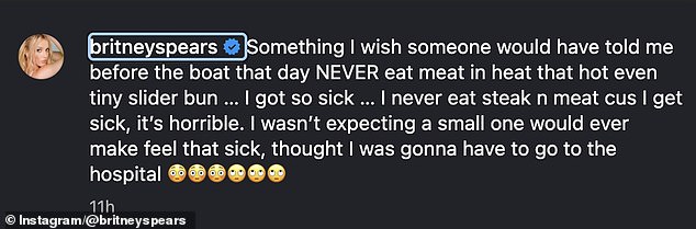 Earlier on Saturday she posted photos of herself in a pale-pink one-piece suit as she danced on a boat. She paired it with a bizarre caption describing an experience with what sounded like food poisoning