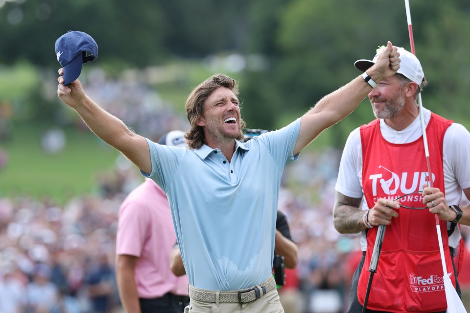 Tommy Fleetwood celebrating a golf victory.