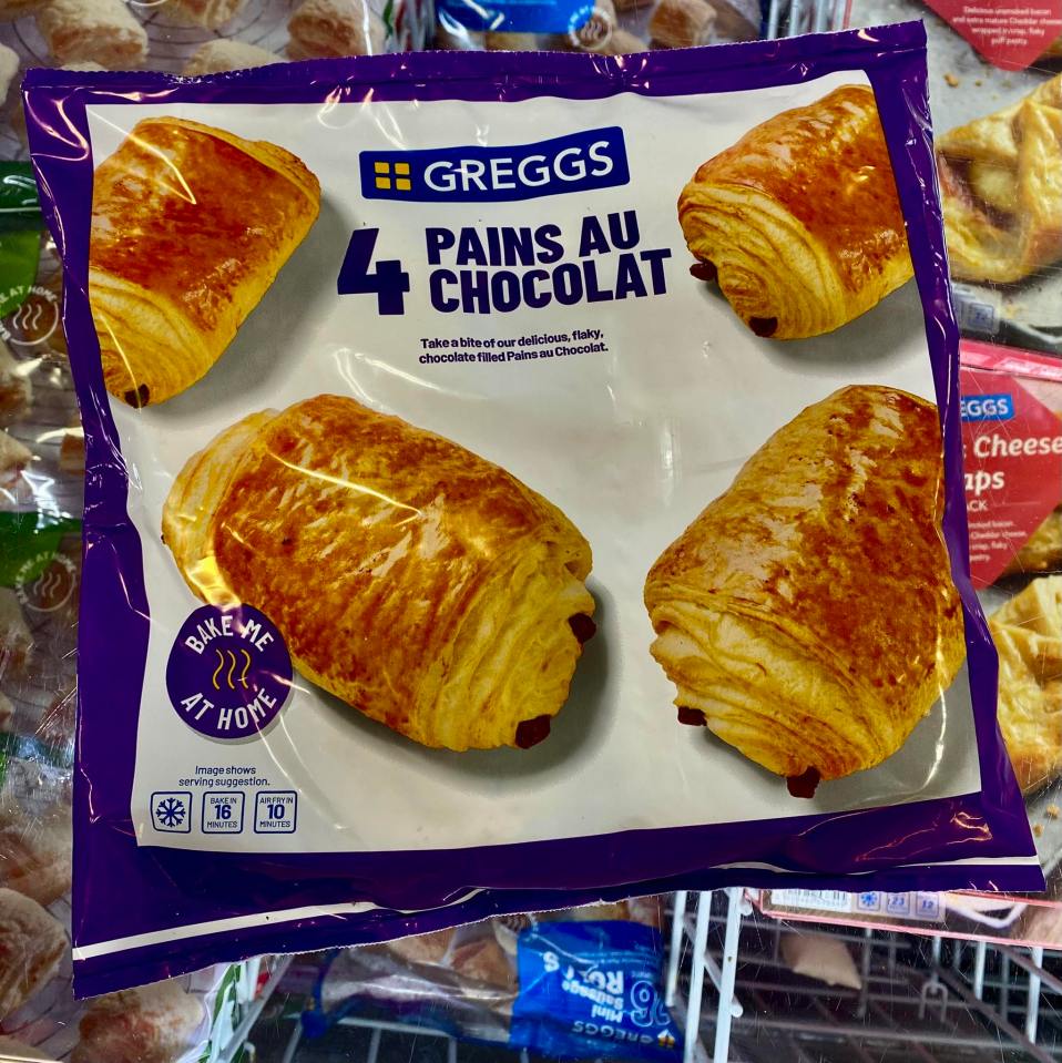 Package of Greggs frozen Pains au Chocolat.