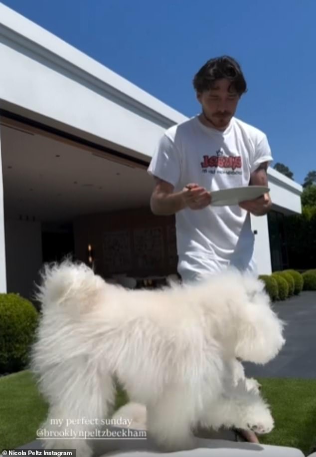 The American heiress, 30, captured beaming Brooklyn, 26, as he fed their two white fluffy puppies in their lavish garden