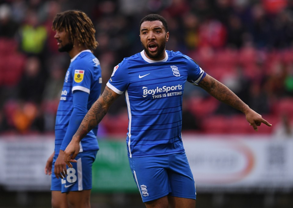 Troy Deeney of Birmingham City reacting during a soccer match.