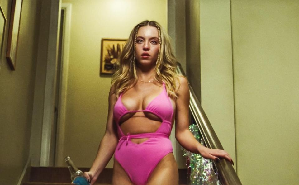 Sydney Sweeney in a pink swimsuit in HBO's Euphoria.