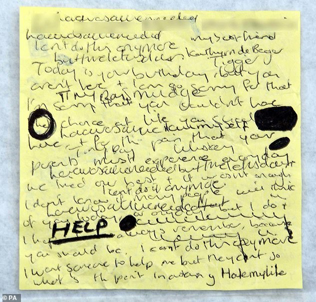 On this Post-It note, Letby repeatedly uses the word ‘help’, a cry repeated in different inks and underlined for emphasis