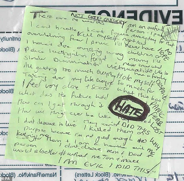 A pale green Post-it note – one of a cluster of many messy handwritten jottings found among the young nurse’s belongings at her home. On it had been written, in large, emphatic capitals, the words: ‘I AM EVIL. I DID THIS’