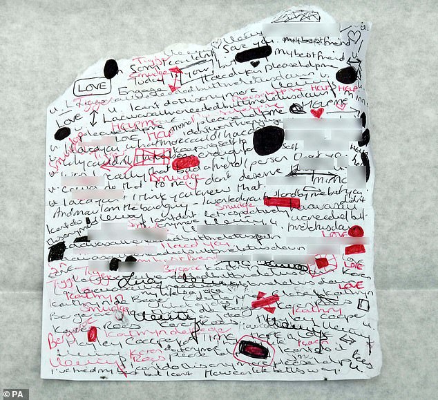 In another note, she wrote ‘How can life be this way?’ ‘Kill me’ was also written in bold and circled on the sheet, while other words and phrases included ‘foreign objects’, ‘despair’, ‘panic’, ‘fear’, ‘lost’