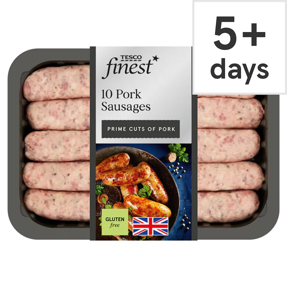 Package of 10 Tesco Finest pork sausages; 5+ day shelf life; gluten free.