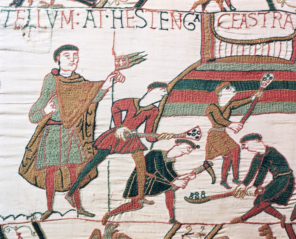 Detail from the Bayeux Tapestry depicting the construction of a fortified military camp at Hastings.