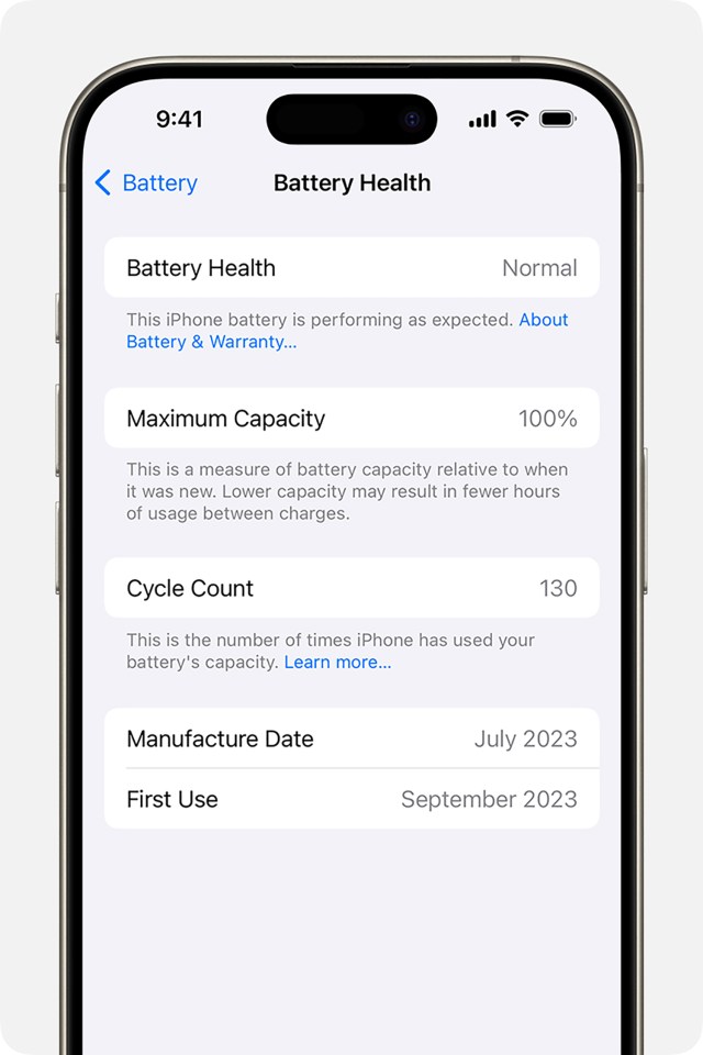 iPhone battery health report: 100% maximum capacity, 130 cycle count.